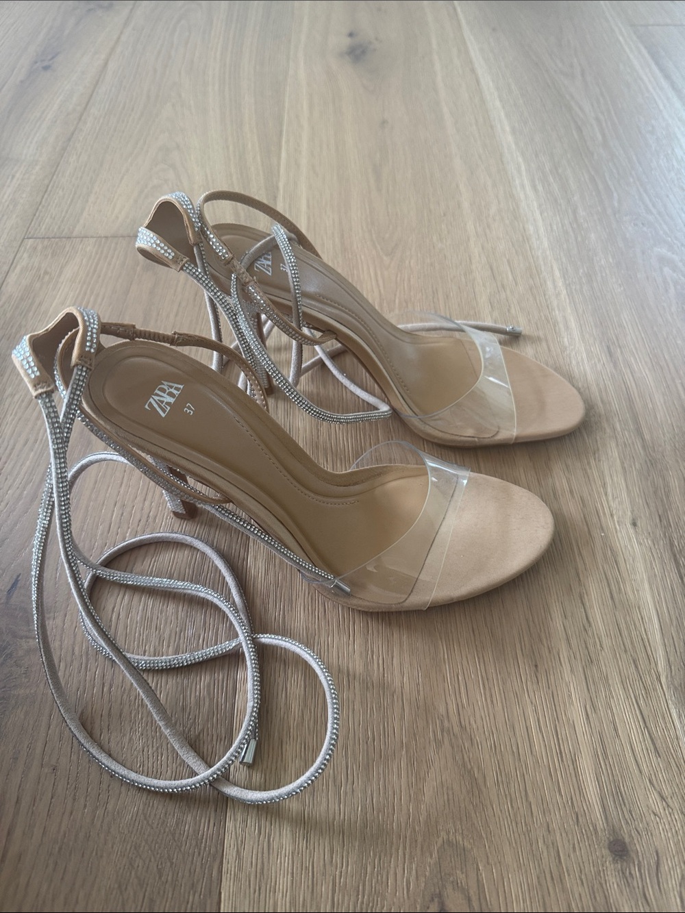ZARA Nude Clear-Strap Stiletto Sandals with Rhinestone Lace Ties